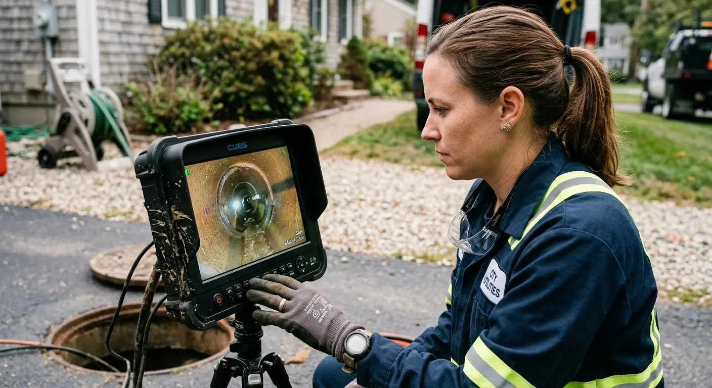 Technician reviewing sewer camera inspection footage in Excelsior Springs