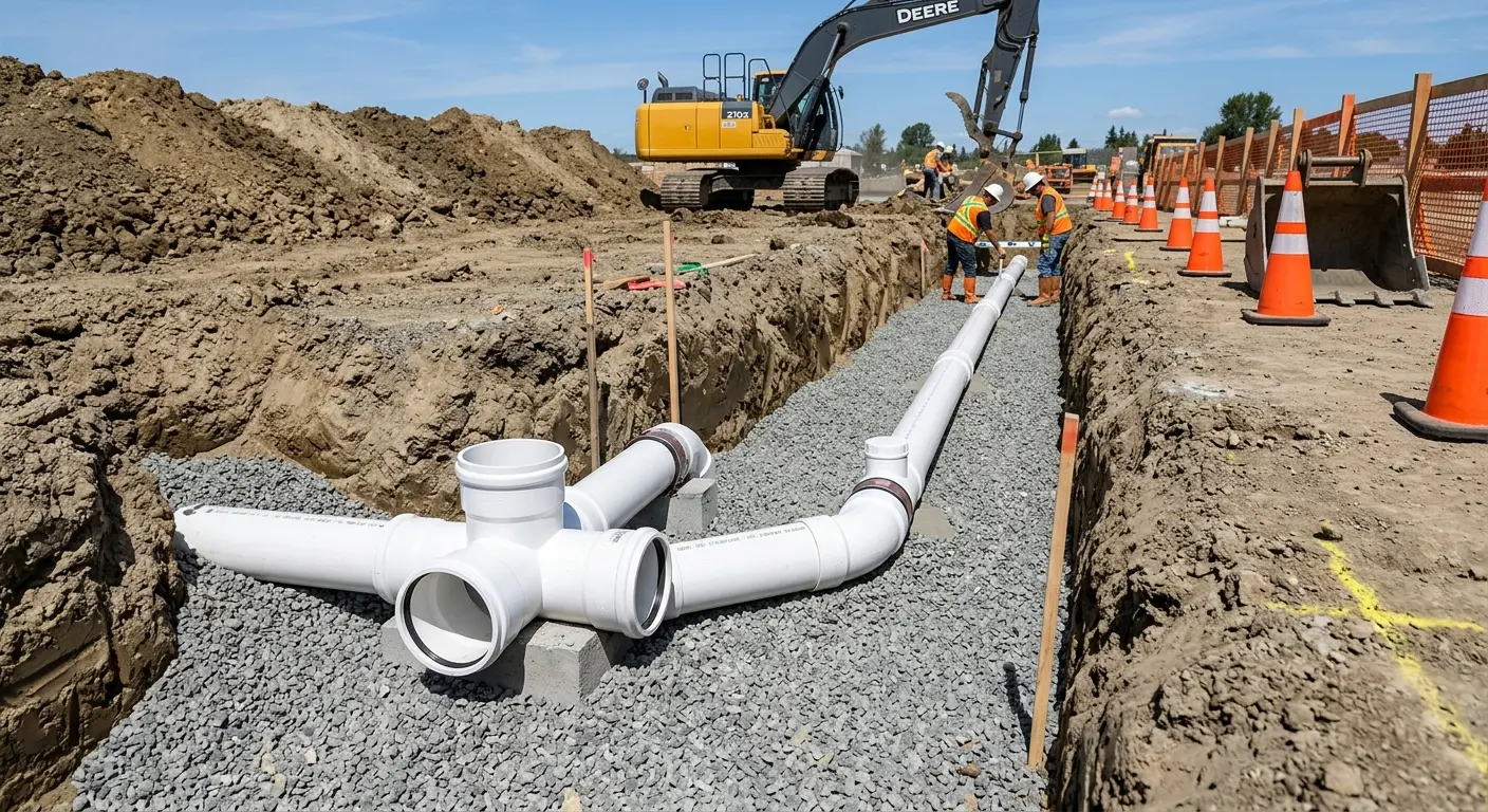 New PVC sewer pipe installation in open trench for Sewer Camera Inspection in Excelsior Springs