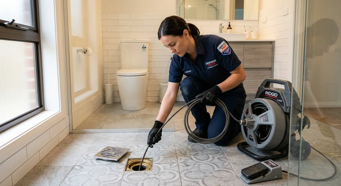 Technician clearing a bathroom floor drain for Drain Repair in Excelsior Springs